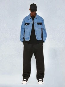 SUMWON High Fashion Two-Tone Denim Trucker Jacket With Modern Nylon Insert Panels Streetwear Double Pocket Design For Winter Fall Fashion