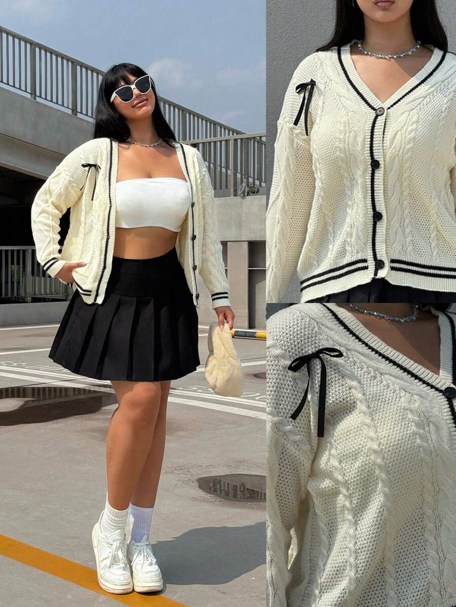 Flirla Plus Size Fashionable Ribbed Knit Bowknot Decor Cardigan, For Fall - Apricot - View 1