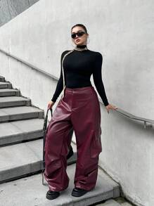 Flirla Plus Size Casual Solid Color Streetwear Multi-Pocket Straight Leg Cargo Pants