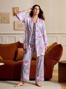 Becci 设计师女士淡紫色花卉印花缎面蝴蝶结睡袍，适合节日穿着