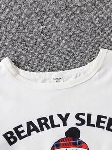 2pcs Tween Boys Minimalist Cute Christmas Bear Print Short Sleeve Top And Red Black Plaid Pants Pajamas Set, Comfortable Home Wear - White - View 7