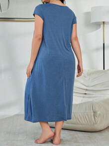 SHEIN 大码休闲撞色蕾丝纽扣睡袍，Moo Moo - 藍色 - 查看 2