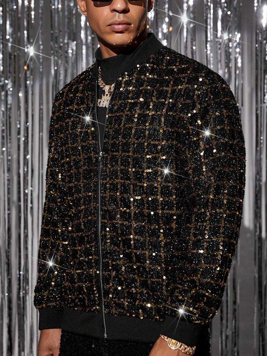 AKNOTIC Business Casual Luźna męska kurtka typu bomber z cekinami i zamkiem błyskawicznym, na jesień i zimę