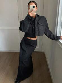 DAZY 女式牛仔套装：宽领长袖夹克和 A 字裙，秋季女装 - 深灰色 - 查看 4