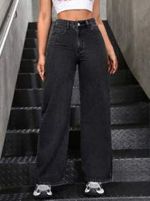 Button Front Pocket Simple Design Denim Casual Pants - Black - View 4