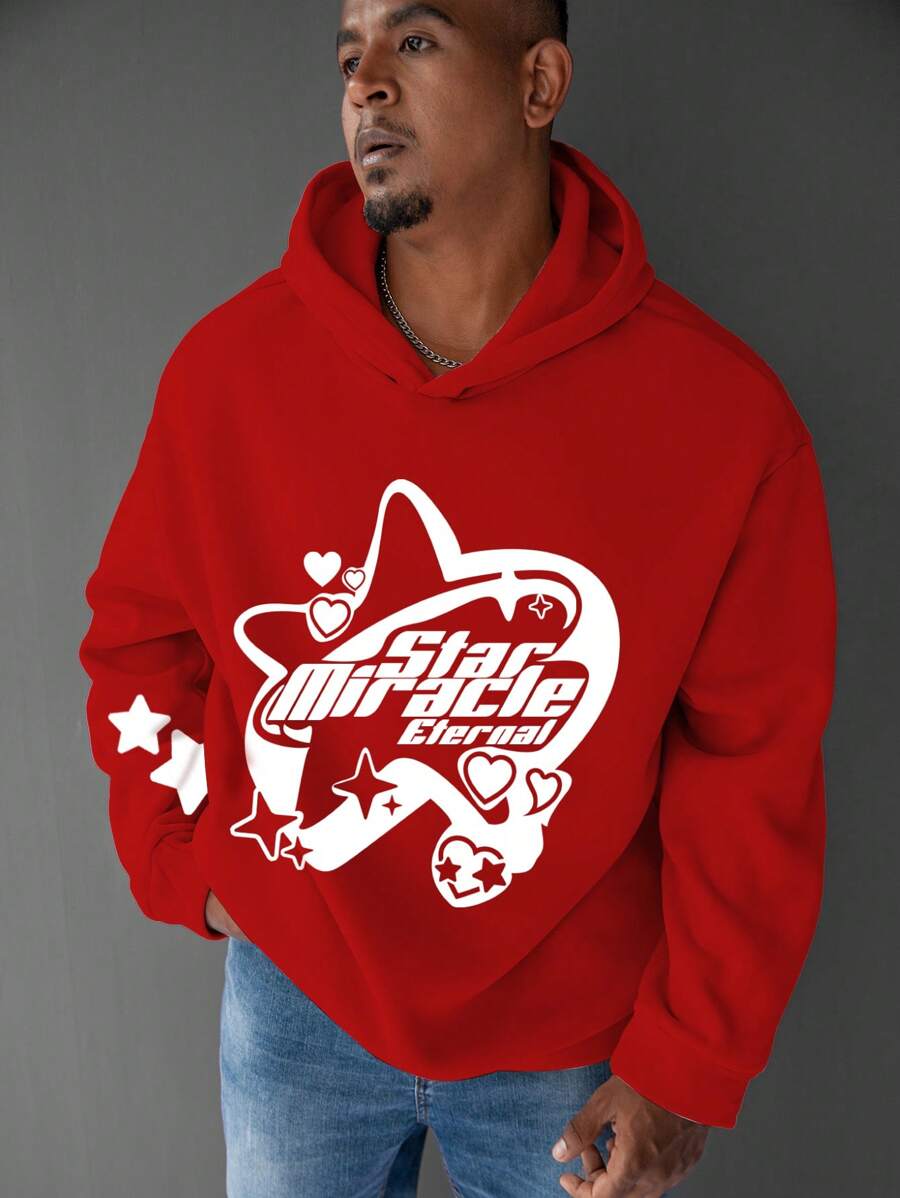 Manfinity LEGND Plus Size Men's Letter & Pentagram Print Long Sleeve Casual Hoodie, Autumn/Winter