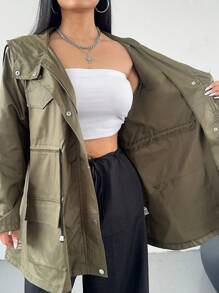 Flirla Plus Size Solid Color Zipper Front Drawstring Waist Pouch Hooded Jacket