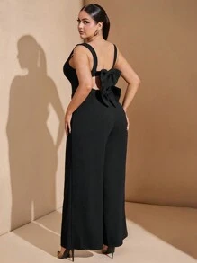 SHEIN BAE Combinaison dos nu noire sexy avec nœud pour femmes grande taille, combinaison-pantalon à jambes larges sans manches, extra longue, convient pour les concerts country, les fêtes, Halloween, automne/hiver - Noir - Voir 1