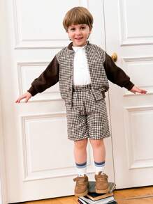 PrepCrw 年轻男孩学院风棕色格子单排扣无领长袖夹克，返校季，秋冬季 - 棕色 - 查看 1