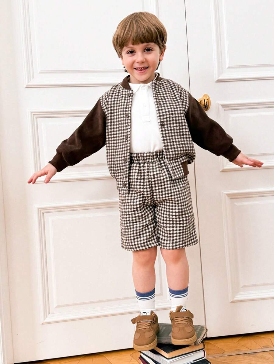 PrepCrw 年轻男孩学院风棕色格子单排扣无领长袖夹克，返校季，秋冬季 - 棕色 - 查看 1