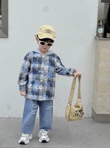 SHEIN 2pcs/Set Young Boys Casual Plaid Patchwork Hooded Cardigan Long Sleeve Top & Distressed Denim Pants Outfit,Suitable For Street Outdoor Autumn Spring - Black and White - View 3