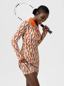 VARSITIE Contrast Color Polo Collar Long Sleeve Printed Slim Fit Women Active Dresses - Multicolor - View 5