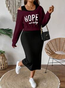 Calvaya 2pcs Setelan Wanita Ukuran Plus: Sweatshirt Lengan Panjang Bahu Longgar dengan Motif Huruf dan Gaun Slip Kasual, Pakaian Musim Gugur untuk Wanita - Burgundy - View 1