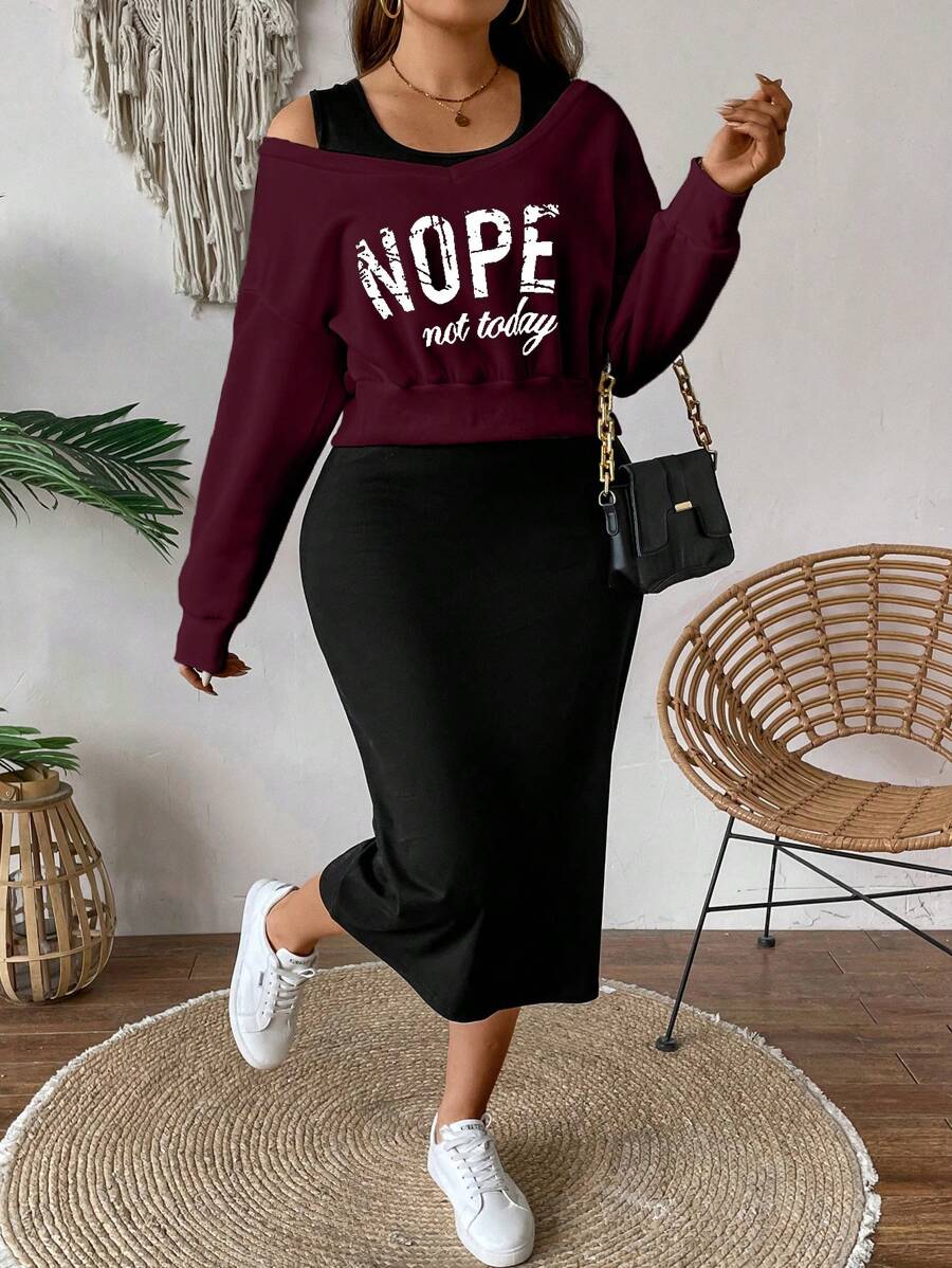 Calvaya 2pcs Setelan Wanita Ukuran Plus: Sweatshirt Lengan Panjang Bahu Longgar dengan Motif Huruf dan Gaun Slip Kasual, Pakaian Musim Gugur untuk Wanita - Burgundy - View 1