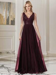 HOMEYEE Váy lưới sequin không tay cổ chữ V, váy dạ hội cocktail câu lạc bộ kỳ nghỉ cổ điển, váy dạ hội trang trọng, dành cho khách dự tiệc cưới, tốt nghiệp, tiệc tối - Màu Đỏ Sâu - Xem 1