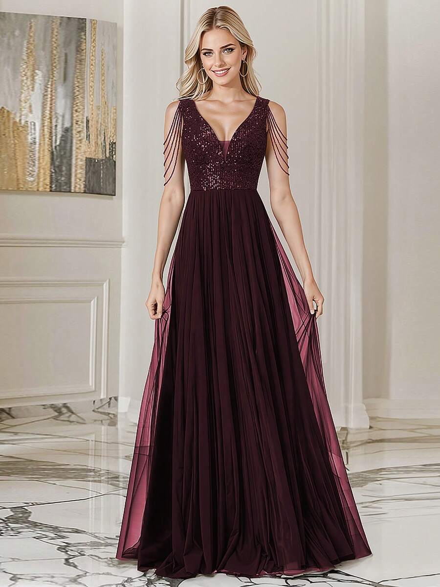 HOMEYEE Váy lưới sequin không tay cổ chữ V, váy dạ hội cocktail câu lạc bộ kỳ nghỉ cổ điển, váy dạ hội trang trọng, dành cho khách dự tiệc cưới, tốt nghiệp, tiệc tối - Màu Đỏ Sâu - Xem 1