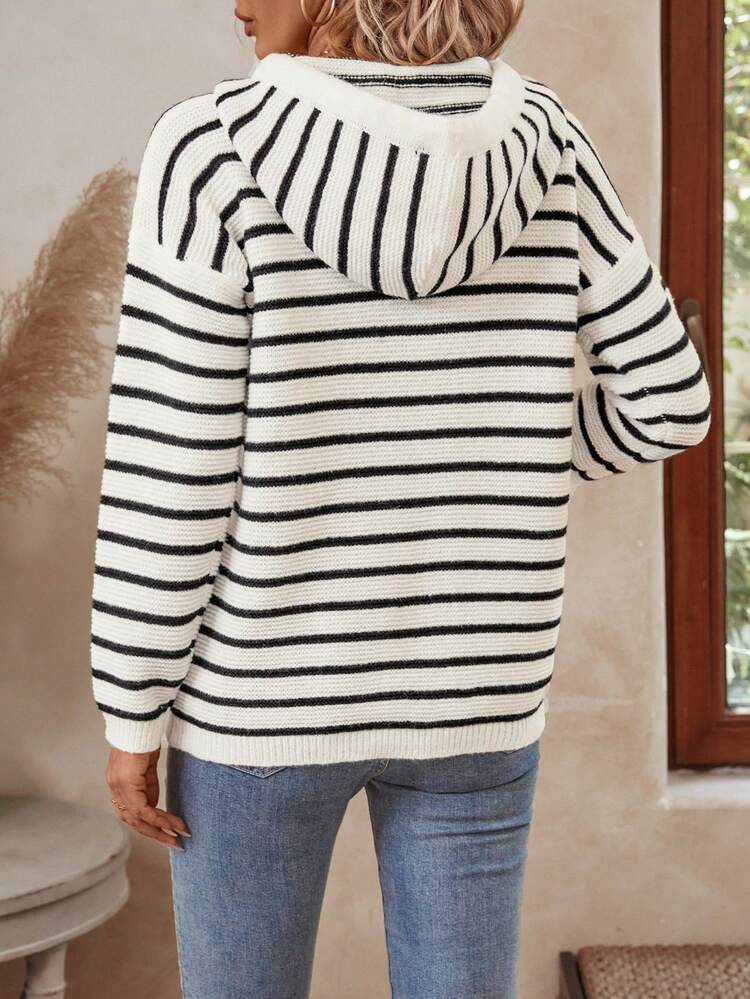Women's Casual Stripe Pattern Drop Shoulder Loose Drawstring Hooded Sweater Fall Women Outfits