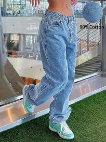 Women's All-Match Straight-Leg Jeans, Casual Y2K Style, Versatile For All Seasons - Medium Wash - View 3