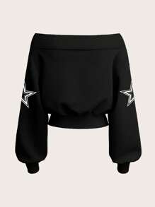 SHEIN SXY Red Casual Off Shoulder Cropped Sweatshirt With Number Five-Pointed Star Pattern,Long Sleeve Tops Autumn And Winter - Black - View 4