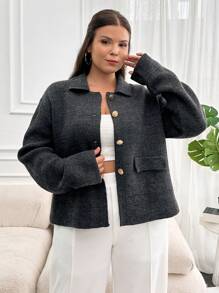 EURMUSE Plus Size Elegant Front Button Cardigans, Dropped Shoulders, Autumn, For Winter - Grey - View 5