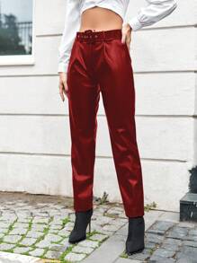 EURMUSE Buckle Belted PU Leather Pants - Red - View 4