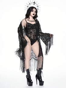 ROMWE Goth Gothic Floral Flocked Jumpsuit Wrap Top & Sexy Lingerie Set