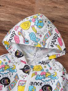 SHEIN Little Girls Front Zip Long Sleeve All-Over Print Hooded Casual Jacket - White - View 5