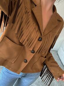 SHEIN Unity Casual Solid Color Fringe Decoration Dual Pocket Jacket For Autumn - Brown - View 7