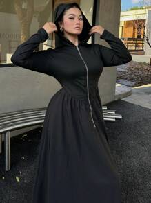 Flirla Plus Casual Style Long Sleeve Hooded Zipper Front Dress Maxi Women Outfit Fall Cloth For Women - Black - View 5