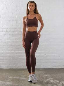 Musera Sport Ribbed Waist Contour Leggings Gym Fitness - Chocolate Brown - View 1