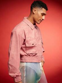 FeverCity Men's PU Leather Short Jacket With Long Sleeves, For Fall Winter - Pink - View 3