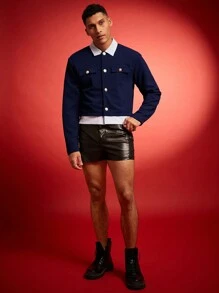 FeverCity Men's Loose Cropped Long Sleeve Jacket, 2-In-1 Design, For Fall Winter - Multicolor - View 4