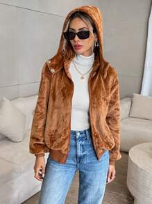 SHEIN Privé Chaqueta con capucha de manga larga y hombros caídos de ajuste holgado, de peluche, para invierno, casual - Café integral - Ver 3