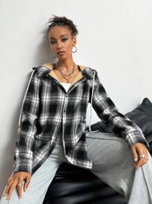 SHEIN EZwear Chaqueta regular de manga larga con capucha, forro térmico y botones frontales con estampado de cuadros vintage para mujer en otoño e invierno