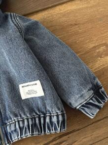 SHEIN 男婴街头凉爽保暖石洗补丁连帽长袖宽松蓝色牛仔保暖衬里泰迪夹克，适合男婴秋冬装