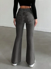 SHEIN PETITE Casual Distressed Slim Fit Flare Leg Jeans - Grey - View 2