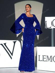 Square Neck Flounce Sleeve Sequin Formal Gown