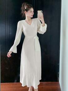 DAZY Abito elegante da donna a maniche a campana di colore unito, adatto per l'autunno e per occasioni come feste di compleanno e balli, con volant, vestito lungo a maniche lunghe per donne - Beige - Visualizzare 7
