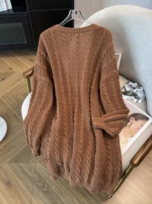 SHEIN CURVE+ Áo khoác len cardigan dài tay họa tiết đan dây thừng có túi cỡ lớn cho nữ, dành cho mùa đông - màu nâu - Xem 2