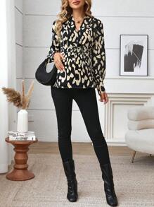 SHEIN 孕妇豹纹纽扣 V 领衬衫系带休闲长袖女式衬衫 - 黑色 - 查看 4