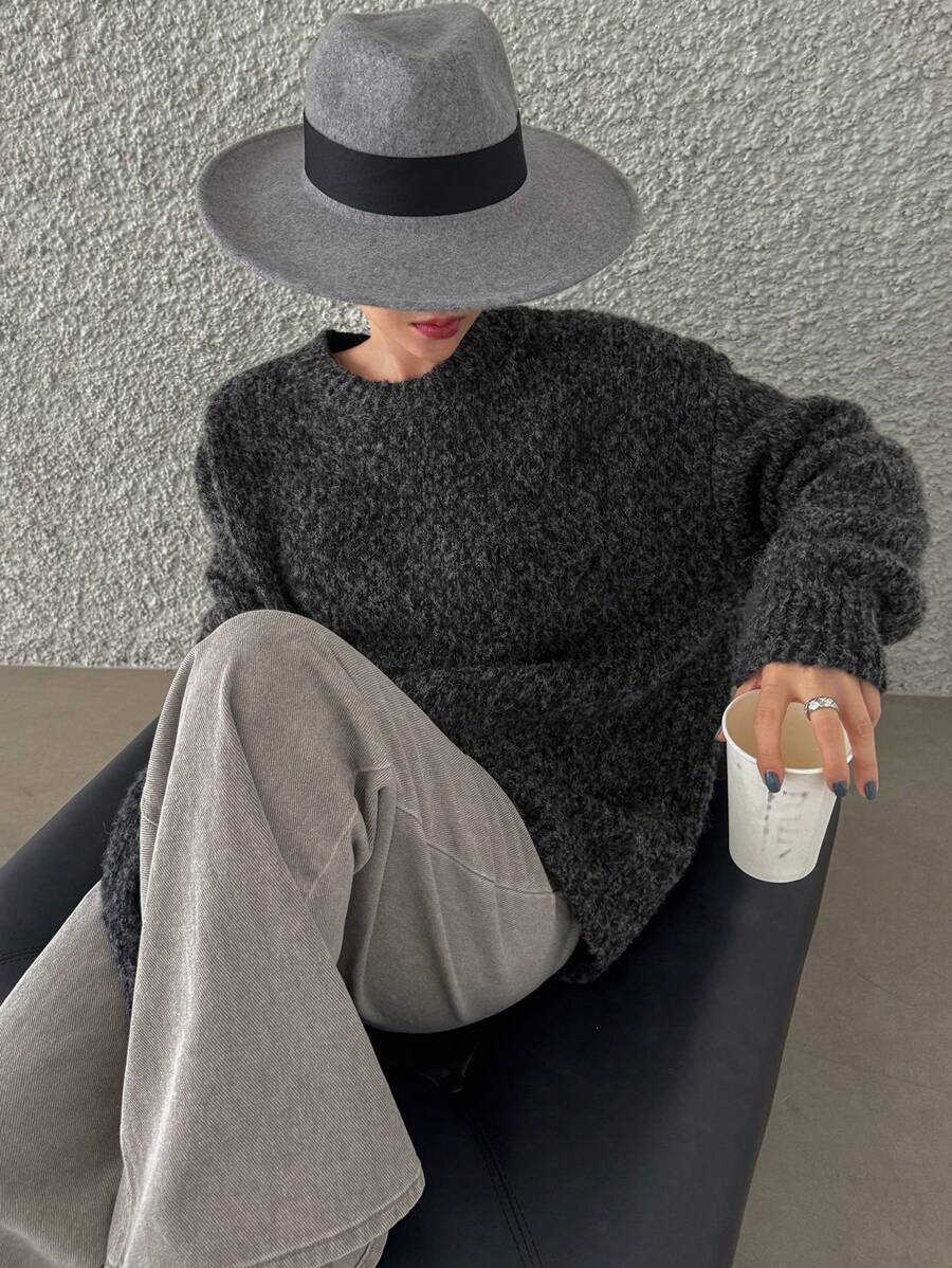 DAZY 休闲花卉印花蓬松针织毛衣，秋冬，秋季女装 - 黑色 - 查看 1