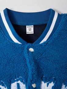 SHEIN 男童刺绣加厚抓绒外套，休闲棒球夹克，飞行员夹克 - 藍色 - 查看 7