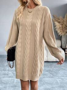 Chiquease Loose Fit Crew Neck Languid Knitted Dress, Elegant Design, Flattering Large Size - Khaki - View 1