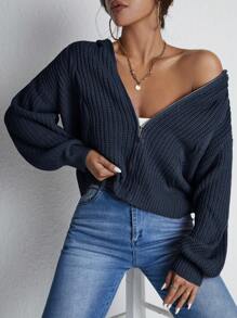 RueChic Casual Solid Color Lantern Sleeve Hoodie Cardigan, Autumn/Winter,Long Sleeve Tops