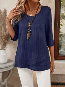 EMERY ROSE 女士休闲纹理不对称下摆 V 领衬衫，适合秋季 - 藍色 - 查看 1