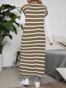 Flirla Plus Size Colorblock Striped Front Button Casual Long Cardigan, For Daily Wear - Multicolor - View 2
