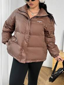 SHEIN EZwear Unisex Plus Size Warm Padded Down& Feathers Jacket, Brown Feather For Winter - Chocolate Brown - View 7