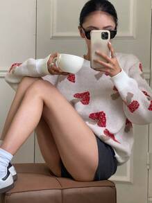 DAZY Allover Print Jacquard Contrast Color Splice Sweater, Women Pullover,Fall Women Clothes