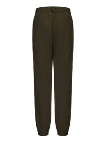 女士纯色褶皱口袋抽绳宽松长裤，日常休闲装 - 軍綠色 - 查看 4