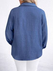 SHEIN CURVE+ Extra Plus Size Casual Solid Color Long Sleeve Shirt, Autumn - Blue - View 2